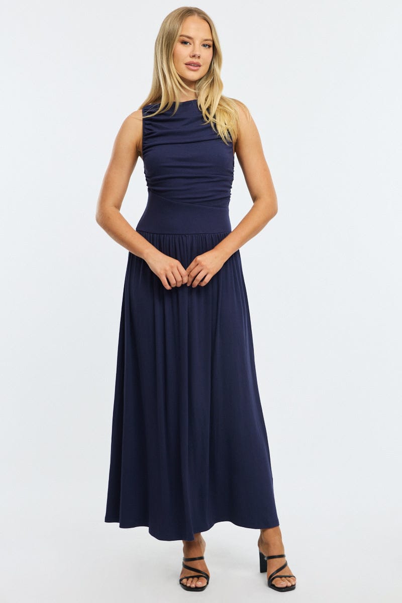 Blue Maxi Dress Boat Neck for Ally Fashion