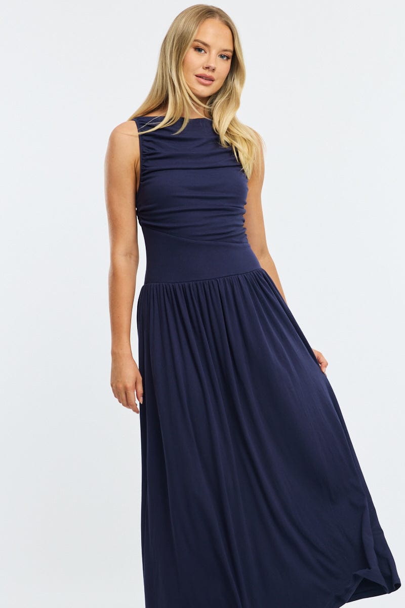 Blue Maxi Dress Boat Neck for Ally Fashion
