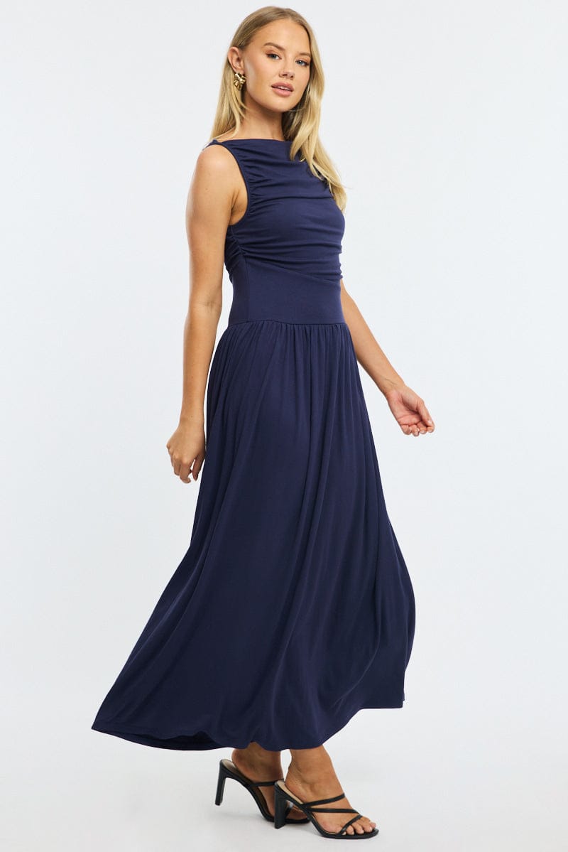 Blue Maxi Dress Boat Neck for Ally Fashion