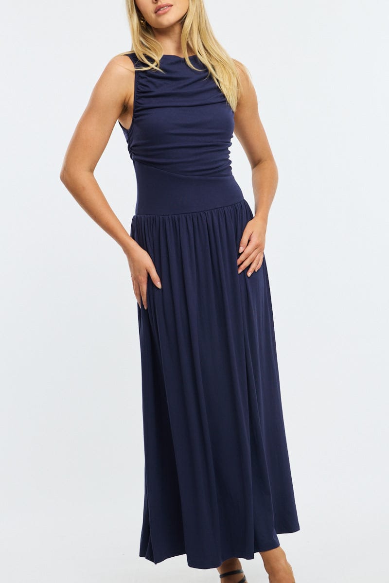 Blue Maxi Dress Boat Neck for Ally Fashion