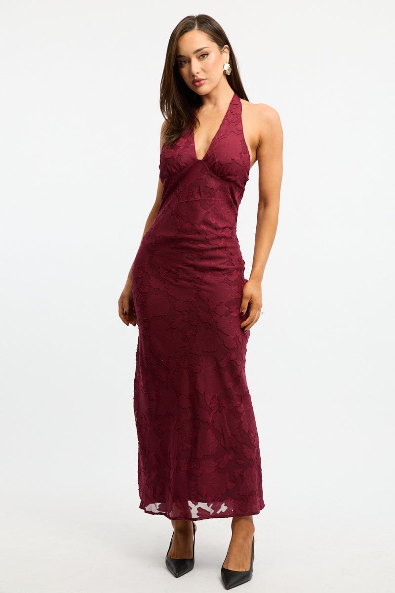 Red Maxi Dress Halter Neck Burn Out for Ally Fashion
