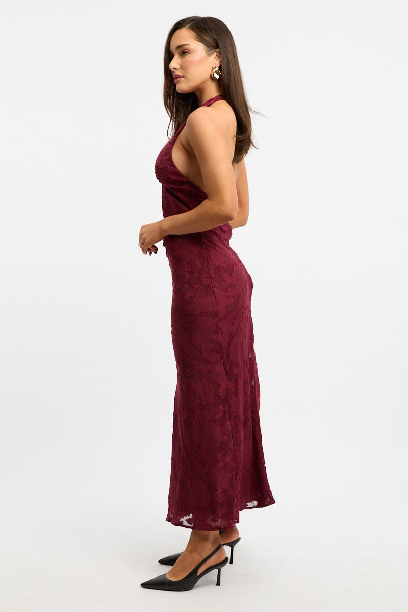 Red Maxi Dress Halter Neck Burn Out for Ally Fashion