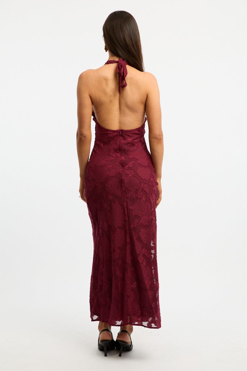 Red Maxi Dress Halter Neck Burn Out for Ally Fashion