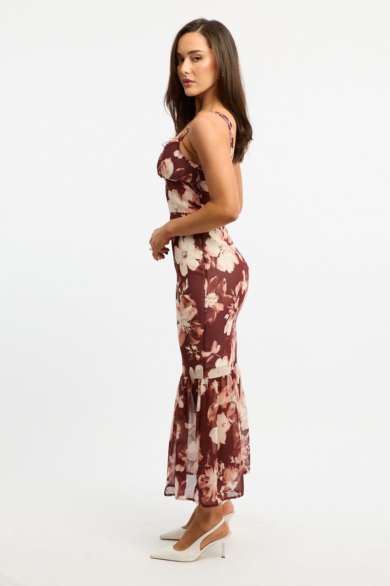 Black Floral Midi Dress Hem Frill for Ally Fashion