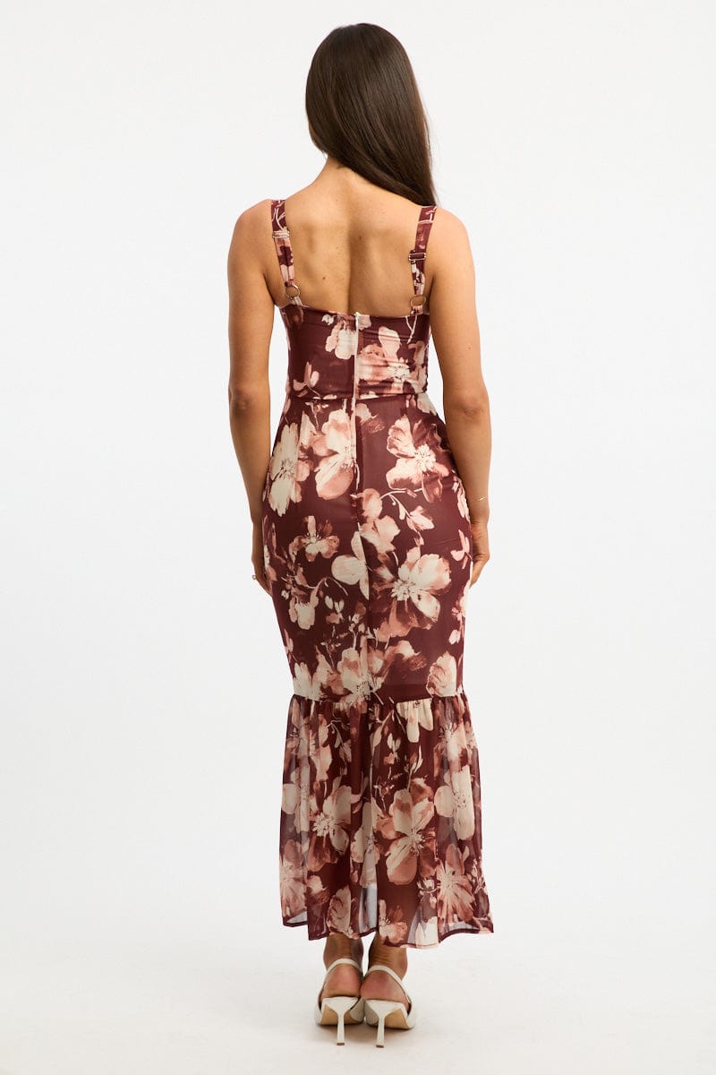 Black Floral Midi Dress Hem Frill for Ally Fashion