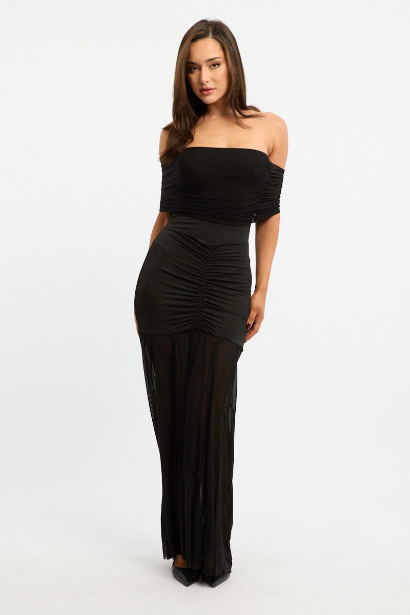 Black Off Shoulder Maxi Dress Mesh for Ally Fashion