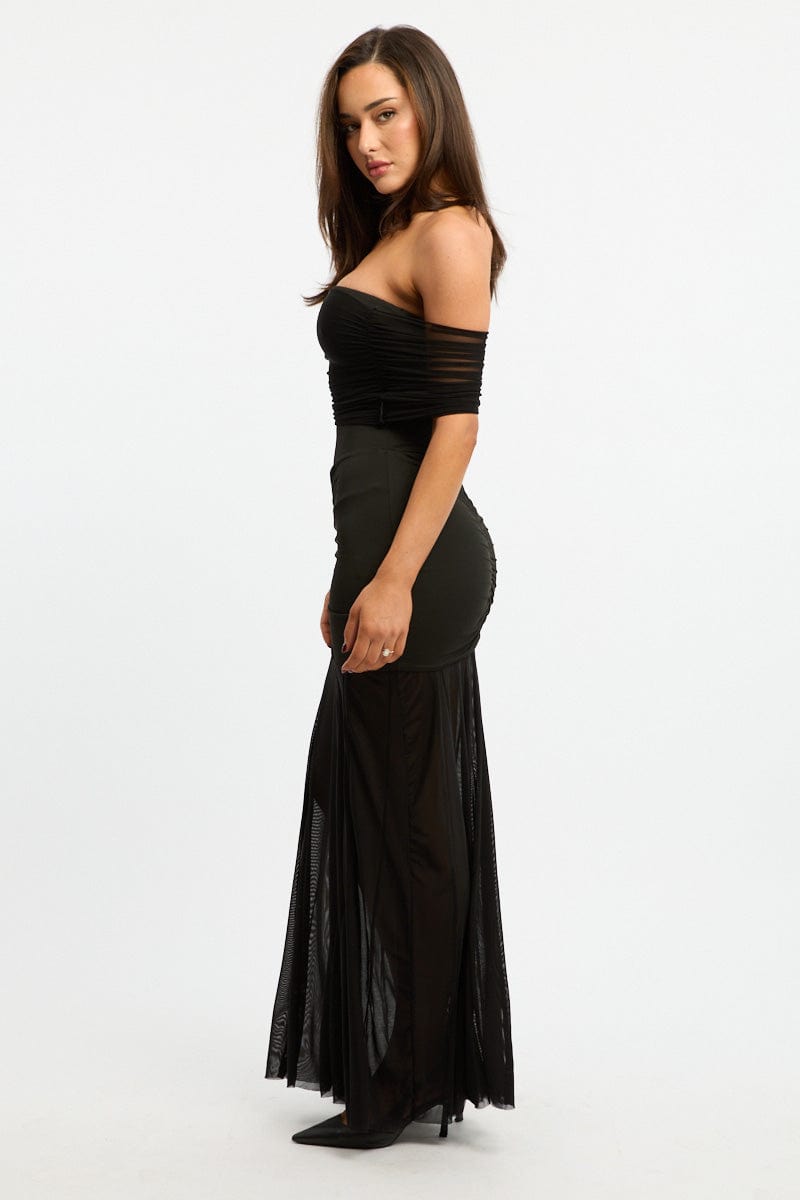 Black Off Shoulder Maxi Dress Mesh for Ally Fashion