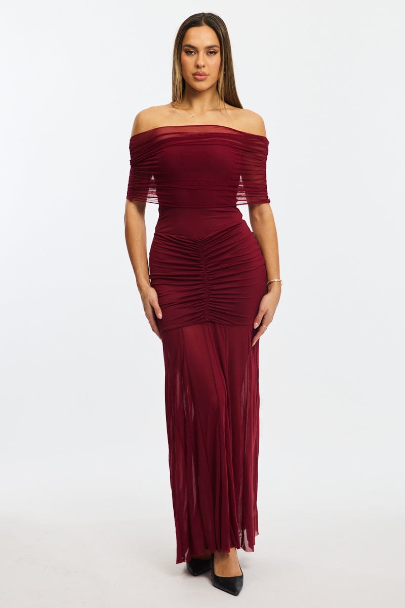 Red Off-Shoulder Maxi Dress Mesh from Ally Fashion