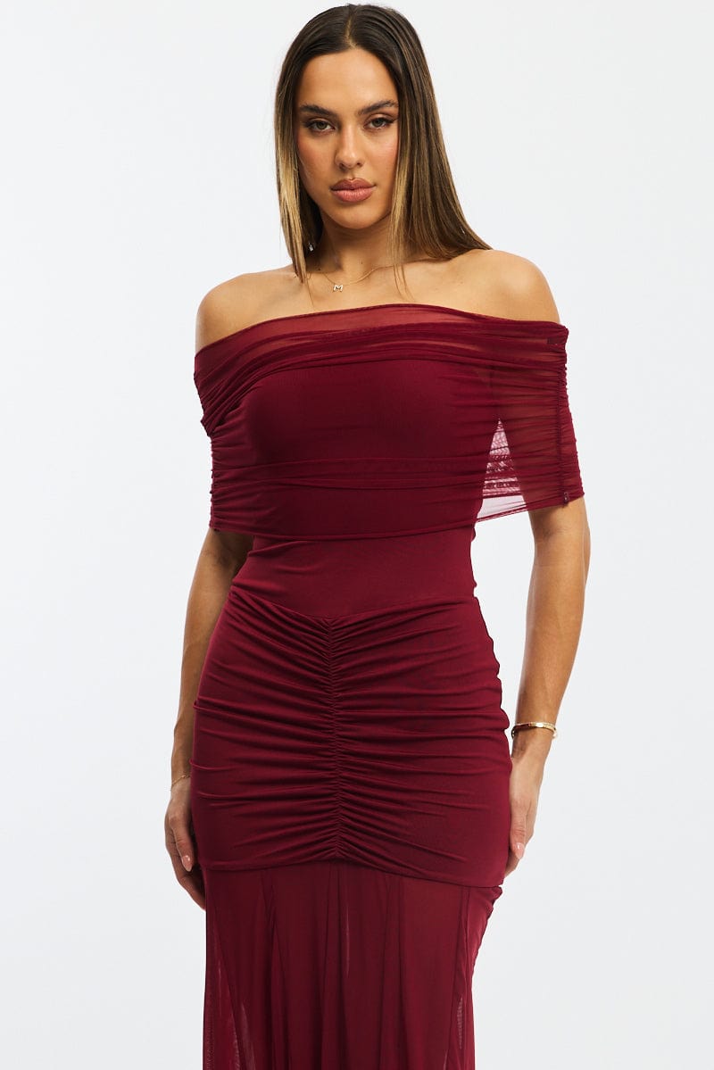 Red Off Shoulder Maxi Dress Mesh for Ally Fashion