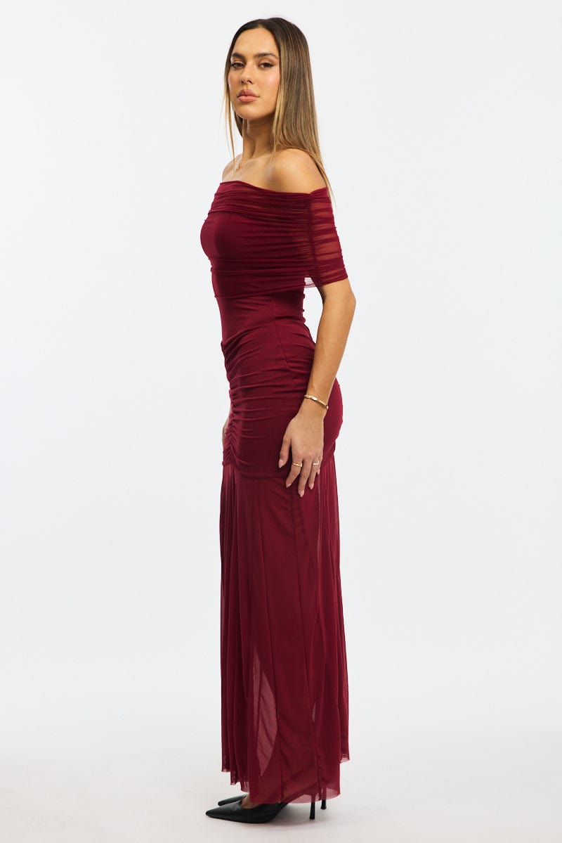 Red Off Shoulder Maxi Dress Mesh for Ally Fashion
