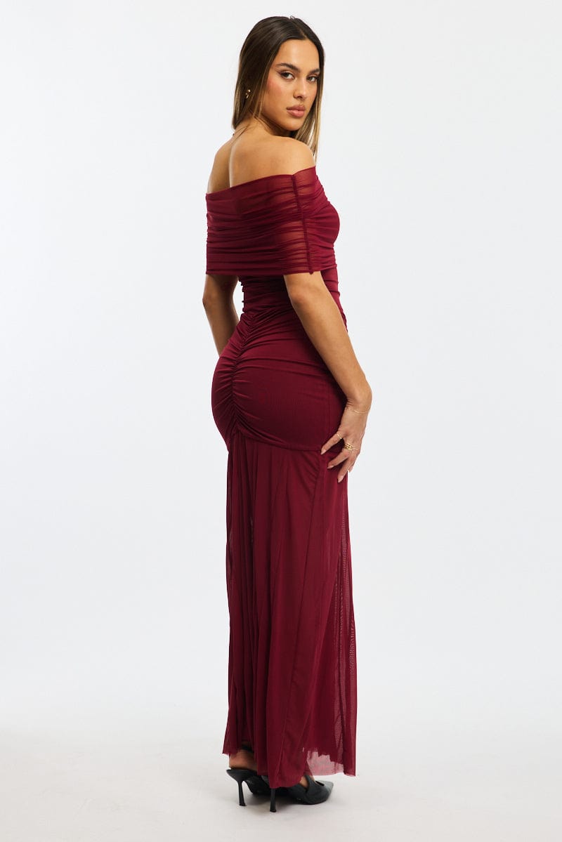 Red Off Shoulder Maxi Dress Mesh for Ally Fashion