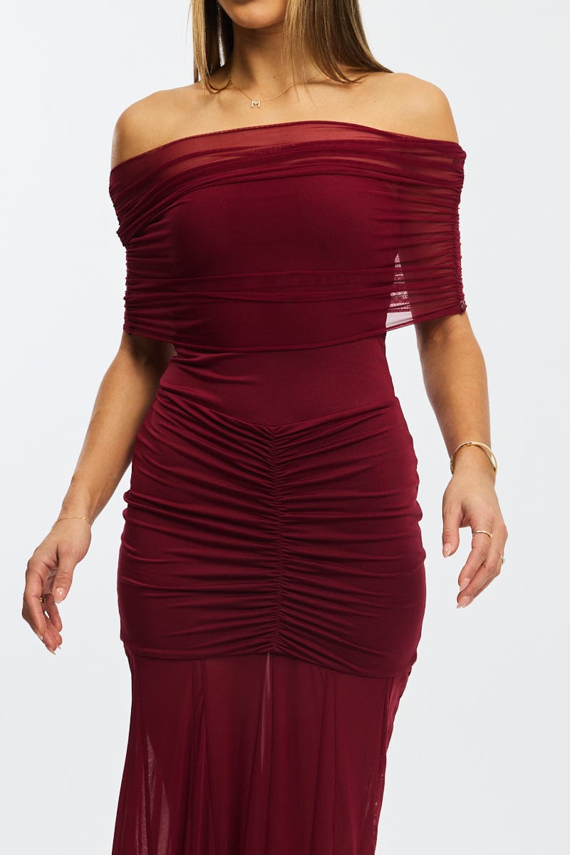 Red Off Shoulder Maxi Dress Mesh for Ally Fashion