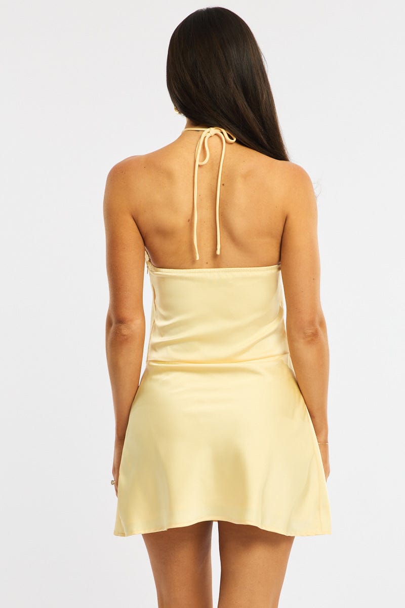 Yellow Mini Dress Halter Neck Satin for Ally Fashion