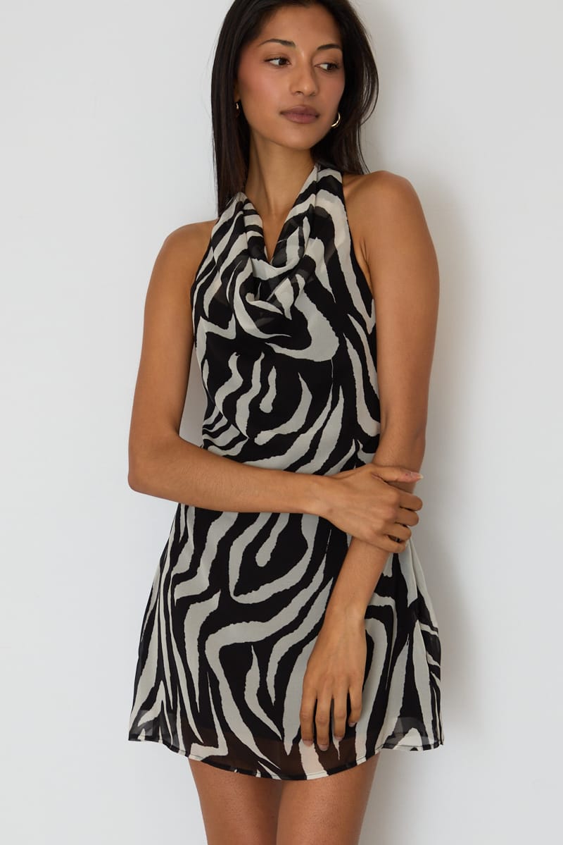 Black Animal Print Mini Dress Cowl Neck for Ally Fashion