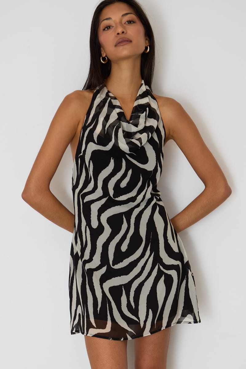Black Animal Print Mini Dress Cowl Neck for Ally Fashion