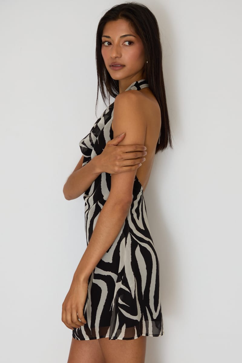 Black Animal Print Mini Dress Cowl Neck for Ally Fashion