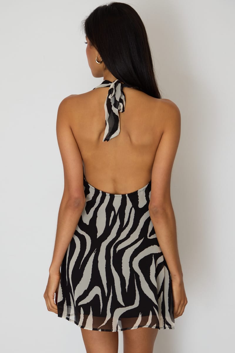 Black Animal Print Mini Dress Cowl Neck for Ally Fashion