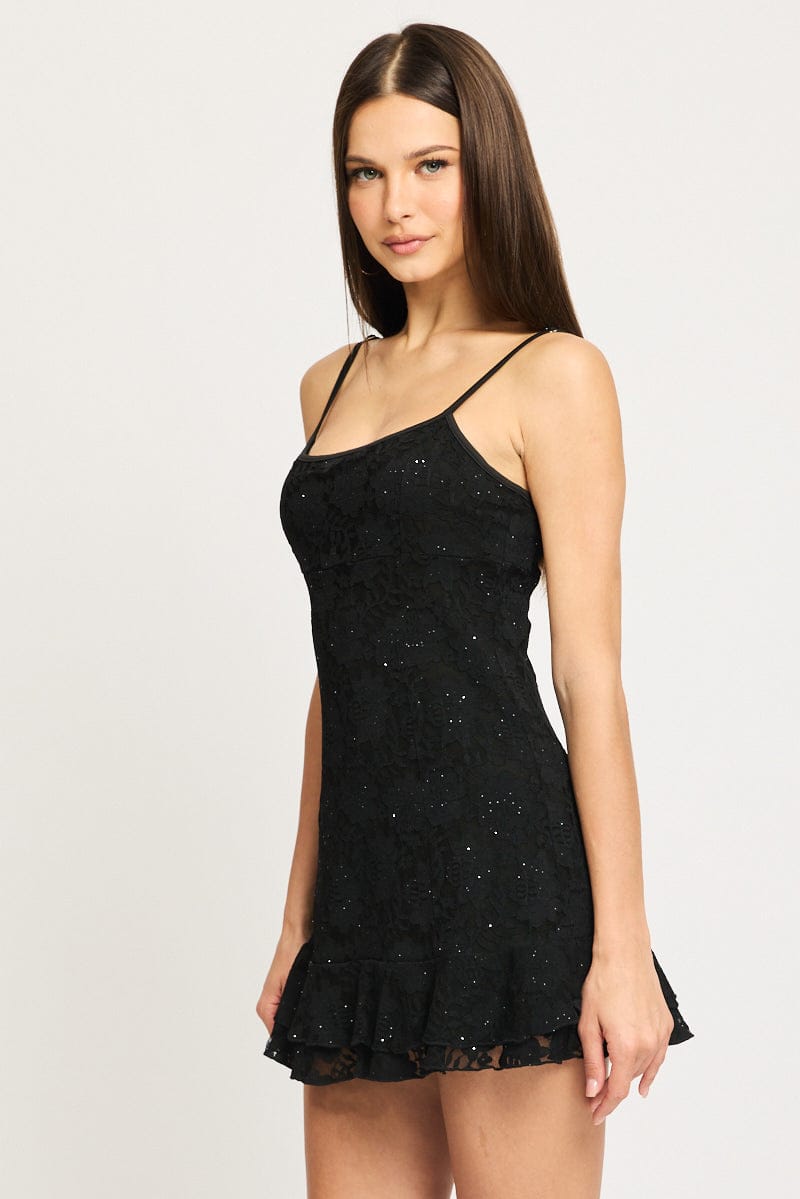Black Mini Dress Strappy Lace for Ally Fashion