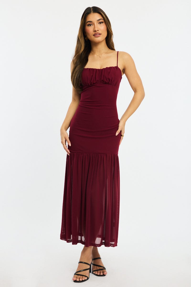 Red Maxi Dress Gathered Bust Mesh | Ally Fashion