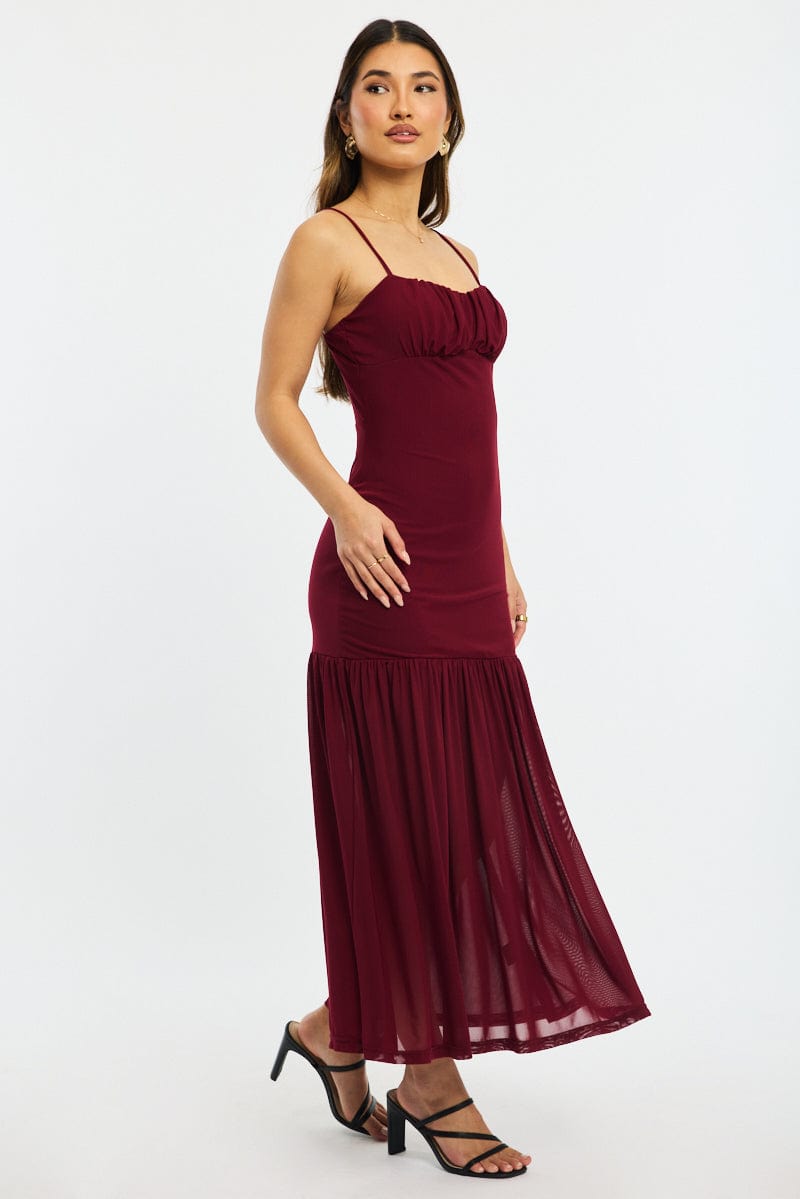 Red Maxi Dress Gathered Bust Mesh | Ally Fashion