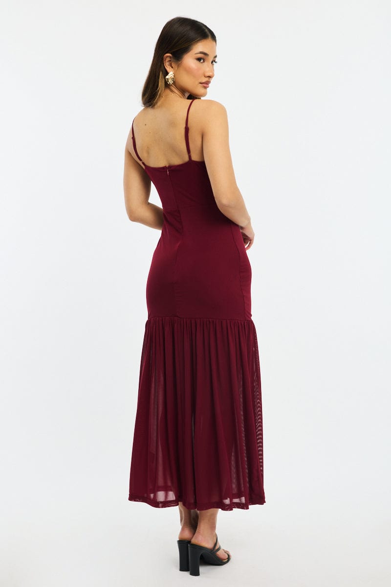 Red Maxi Dress Gathered Bust Mesh for Ally Fashion