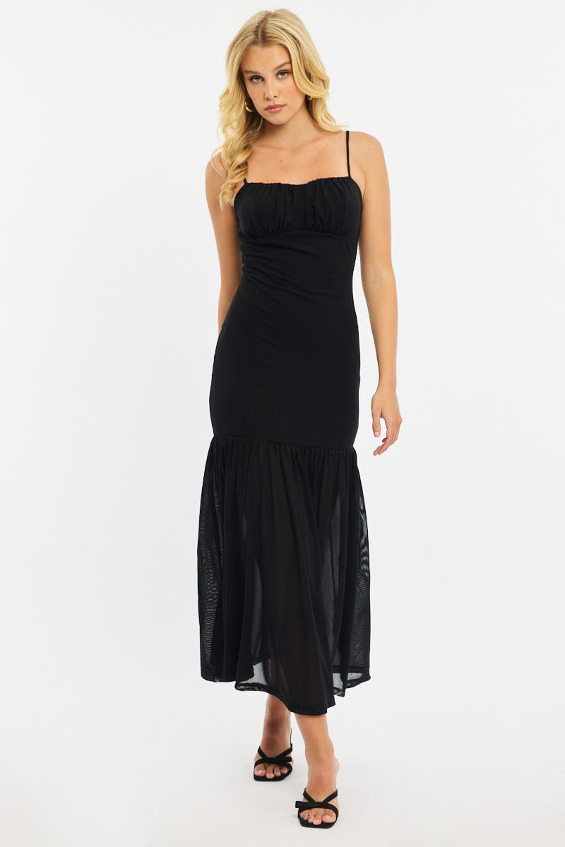 Black Maxi Dress Gathered Bust Mesh for Ally Fashion