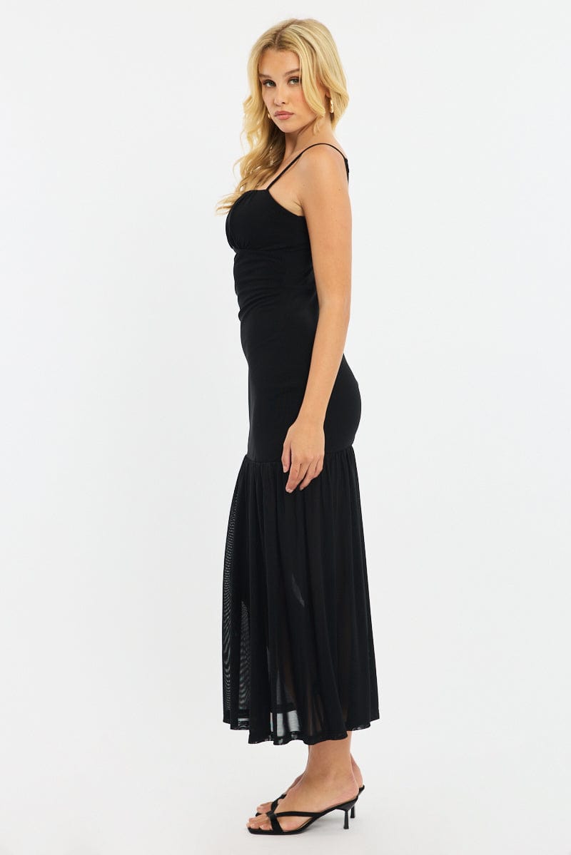 Black Maxi Dress Gathered Bust Mesh for Ally Fashion