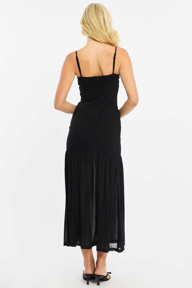 Black Maxi Dress Gathered Bust Mesh for Ally Fashion