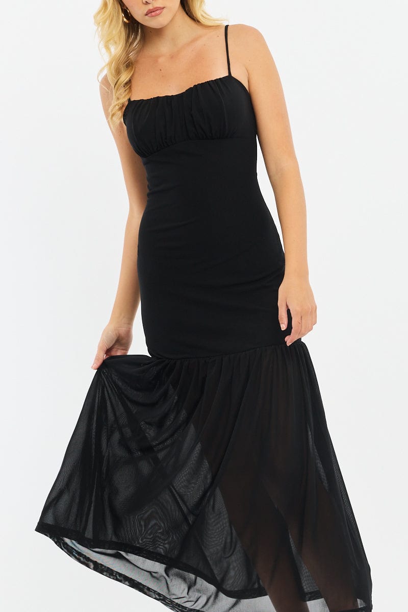 Black Maxi Dress Gathered Bust Mesh for Ally Fashion