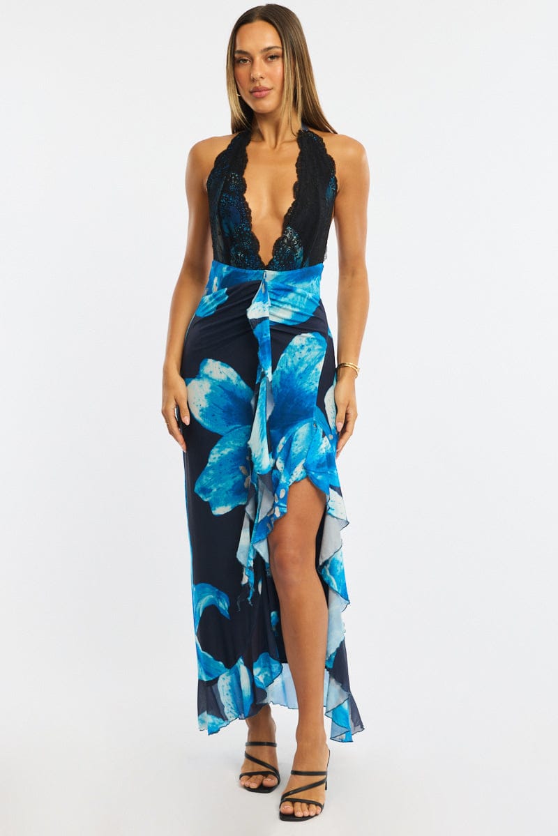 Blue Floral Midi Dress Halter Neck Mesh for Ally Fashion