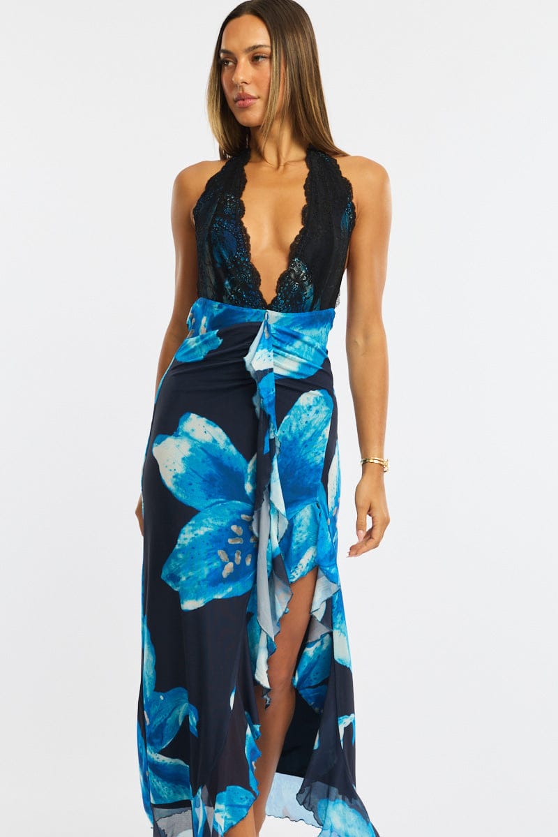 Blue Floral Midi Dress Halter Neck Mesh for Ally Fashion
