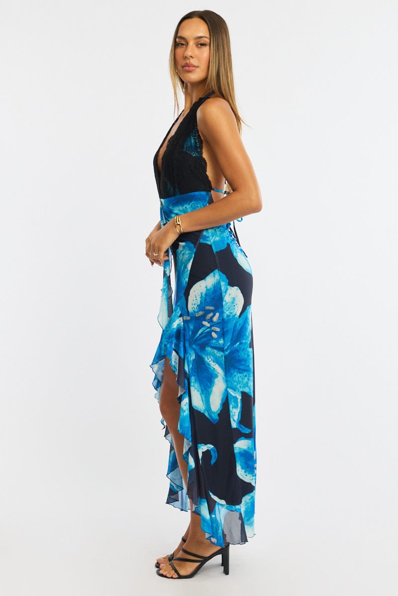 Blue Floral Midi Dress Halter Neck Mesh for Ally Fashion