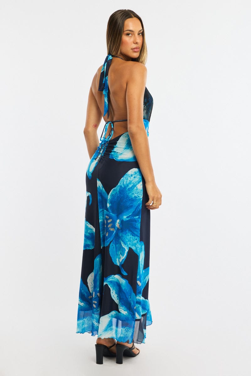Blue Floral Midi Dress Halter Neck Mesh for Ally Fashion