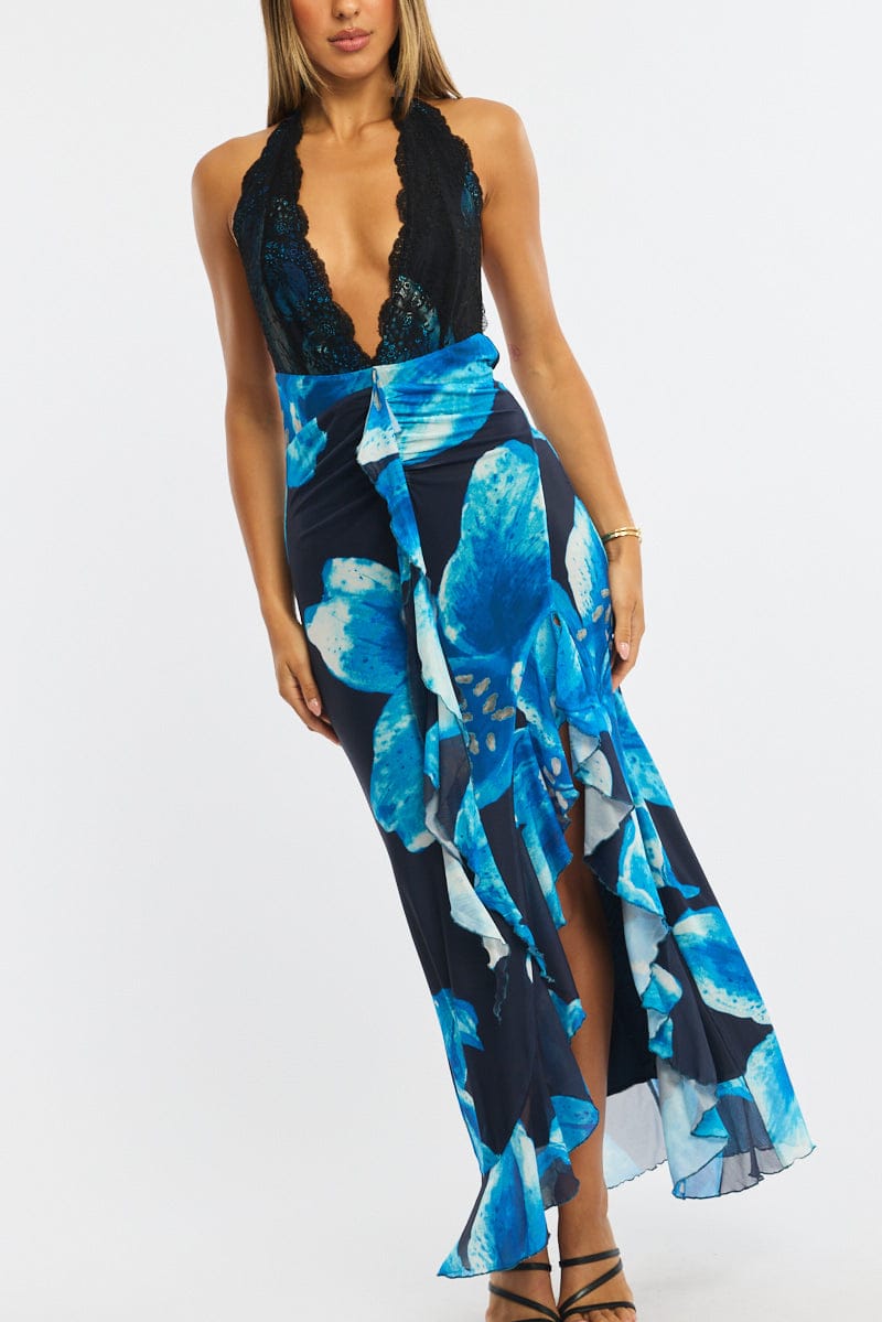 Blue Floral Midi Dress Halter Neck Mesh for Ally Fashion