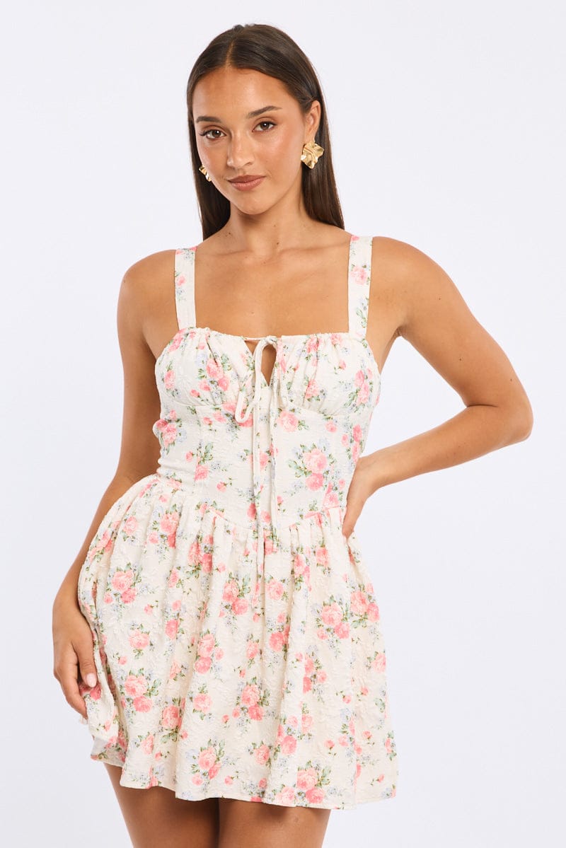 White Ditsy Fit And Flare Dress Mini for Ally Fashion