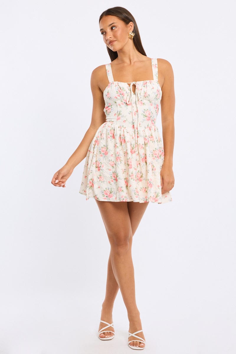 White Ditsy Fit And Flare Dress Mini for Ally Fashion