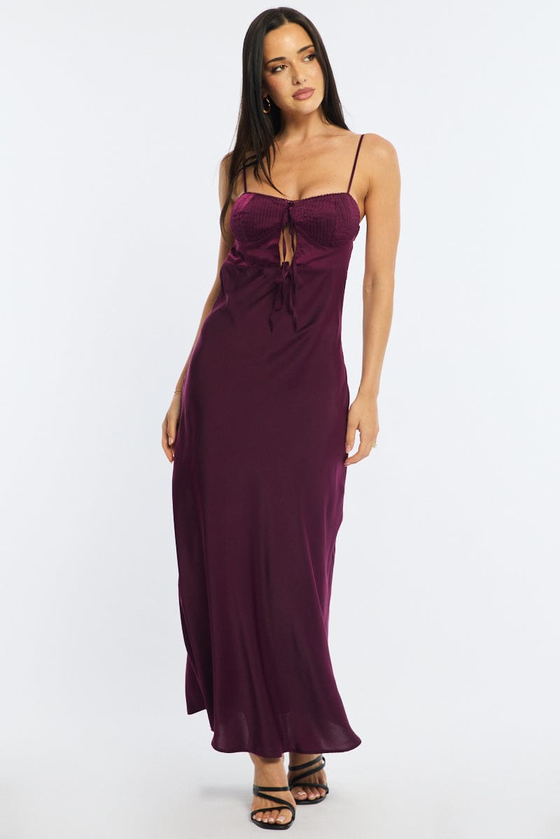 Red Midi Dress Ribbon Detail Satin for Ally Fashion