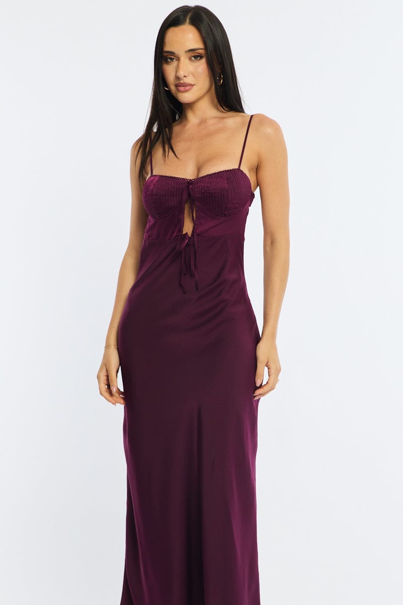 Red Midi Dress Ribbon Detail Satin for Ally Fashion