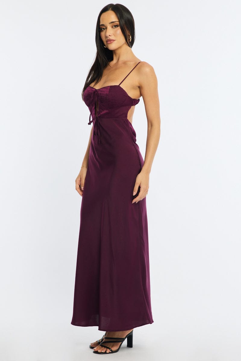 Red Midi Dress Ribbon Detail Satin for Ally Fashion
