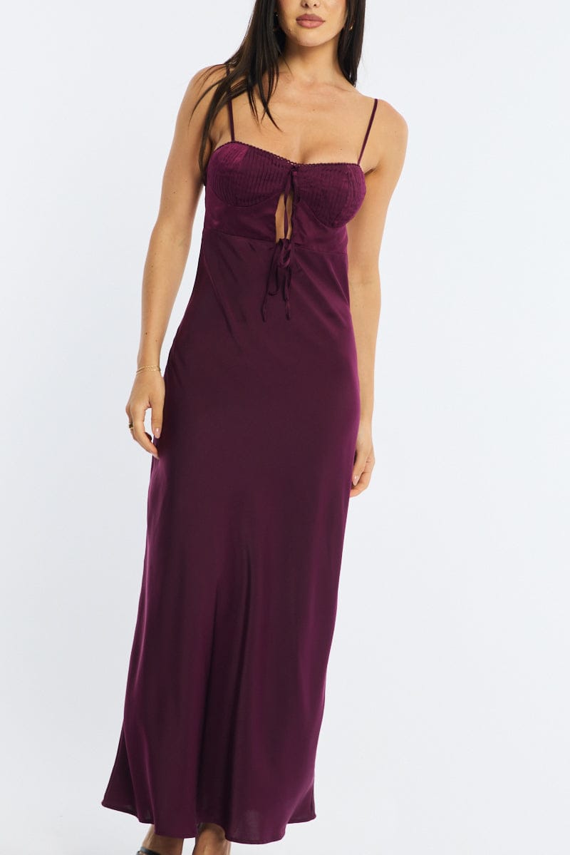 Red Midi Dress Ribbon Detail Satin for Ally Fashion