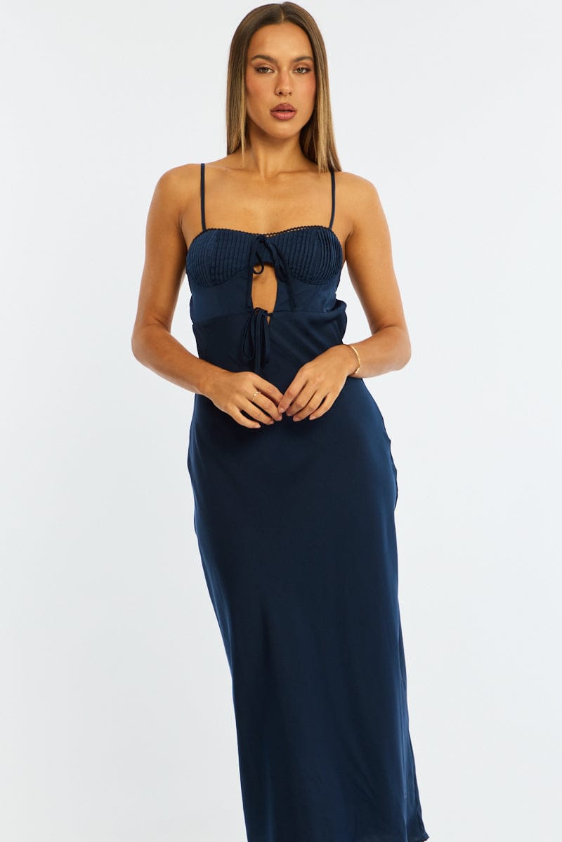 Blue Midi Dress Ribbon Detail Satin for Ally Fashion