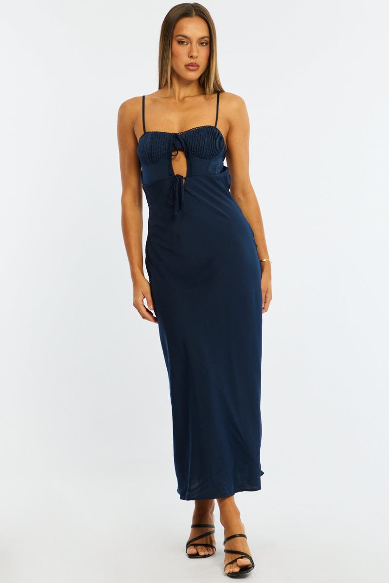 Blue Midi Dress Ribbon Detail Satin for Ally Fashion