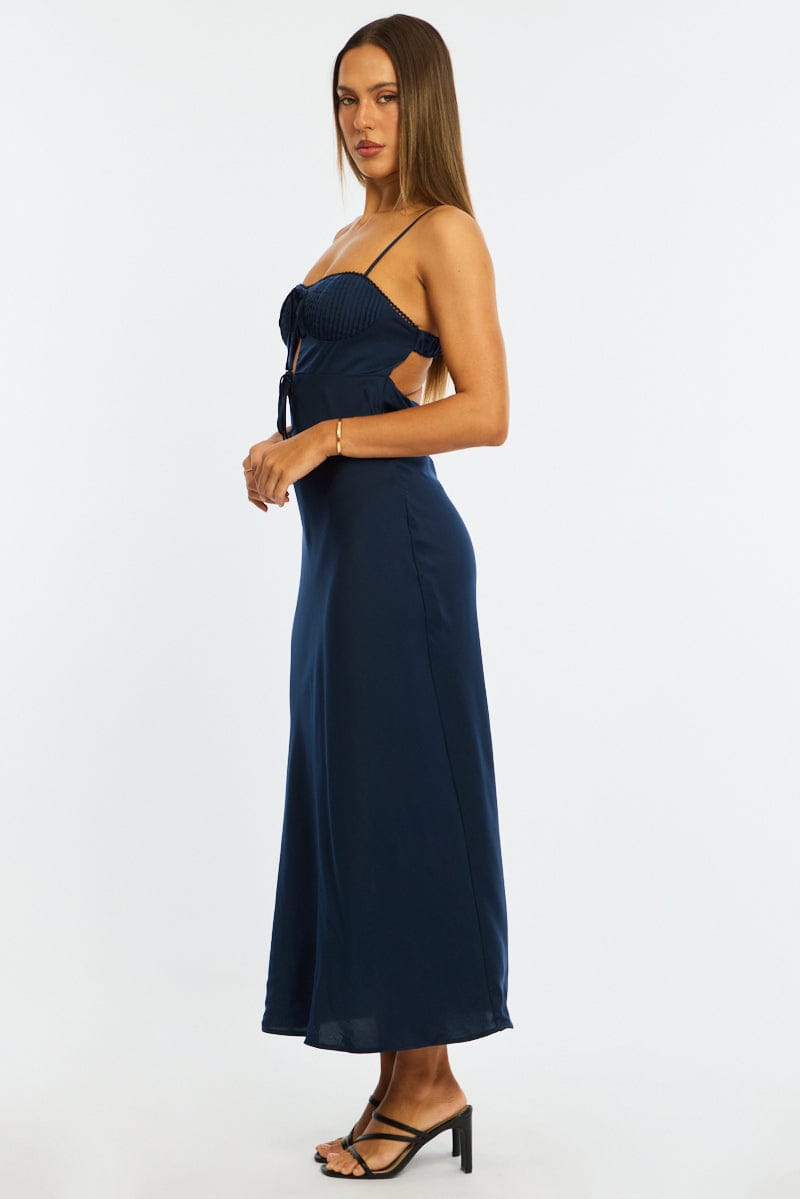 Blue Midi Dress Ribbon Detail Satin for Ally Fashion