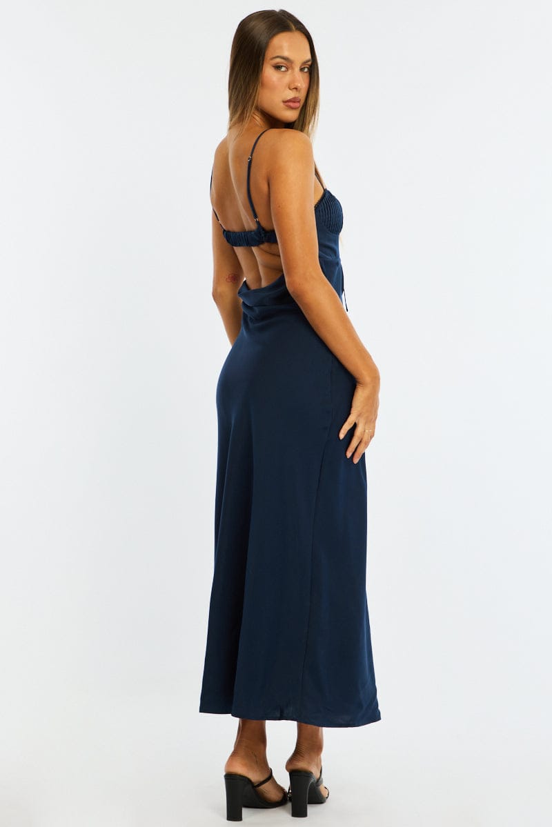 Blue Midi Dress Ribbon Detail Satin for Ally Fashion