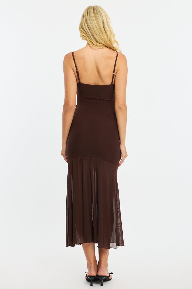 Brown Midi Dress Cut Out Mesh for Ally Fashion