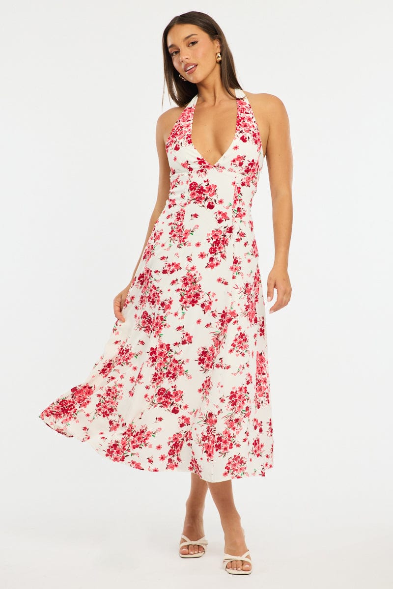 Red Floral Halter Neck Midi Dress for Ally Fashion