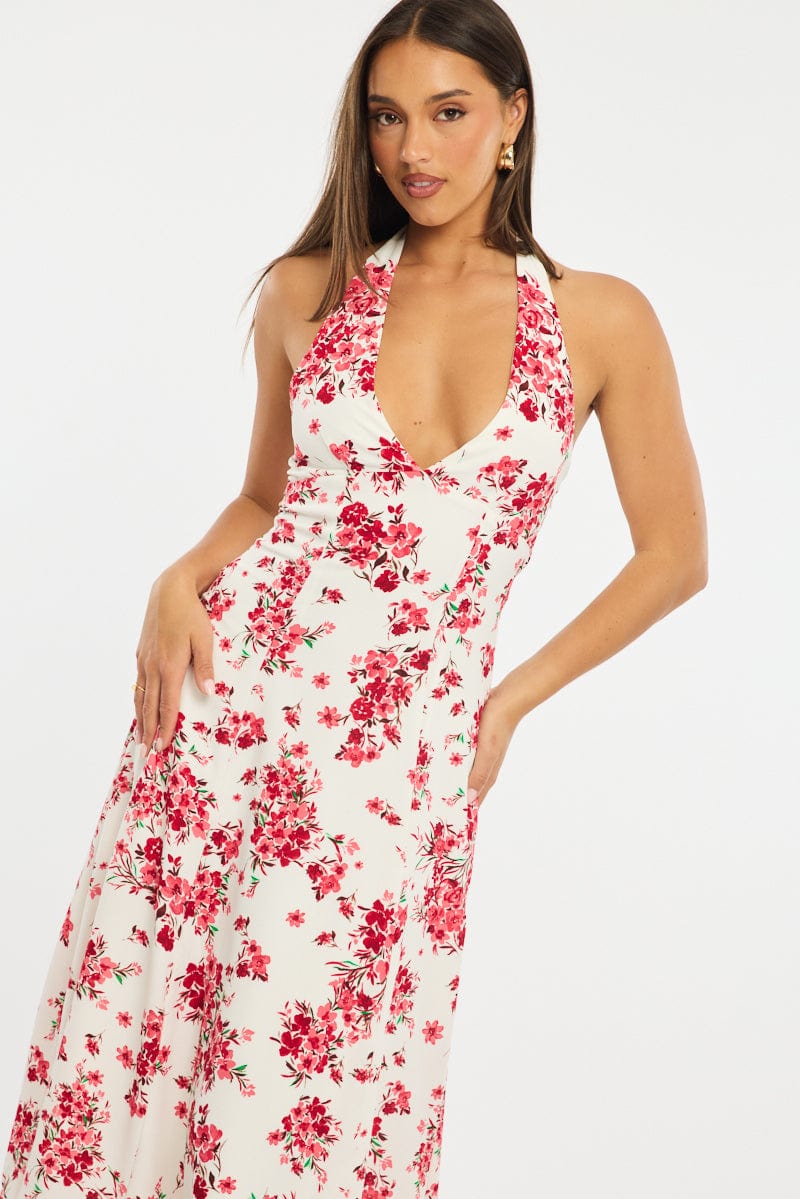 Red Floral Halter Neck Midi Dress | Ally Fashion Red Floral Halter Neck Midi Dress | Ally Fashion