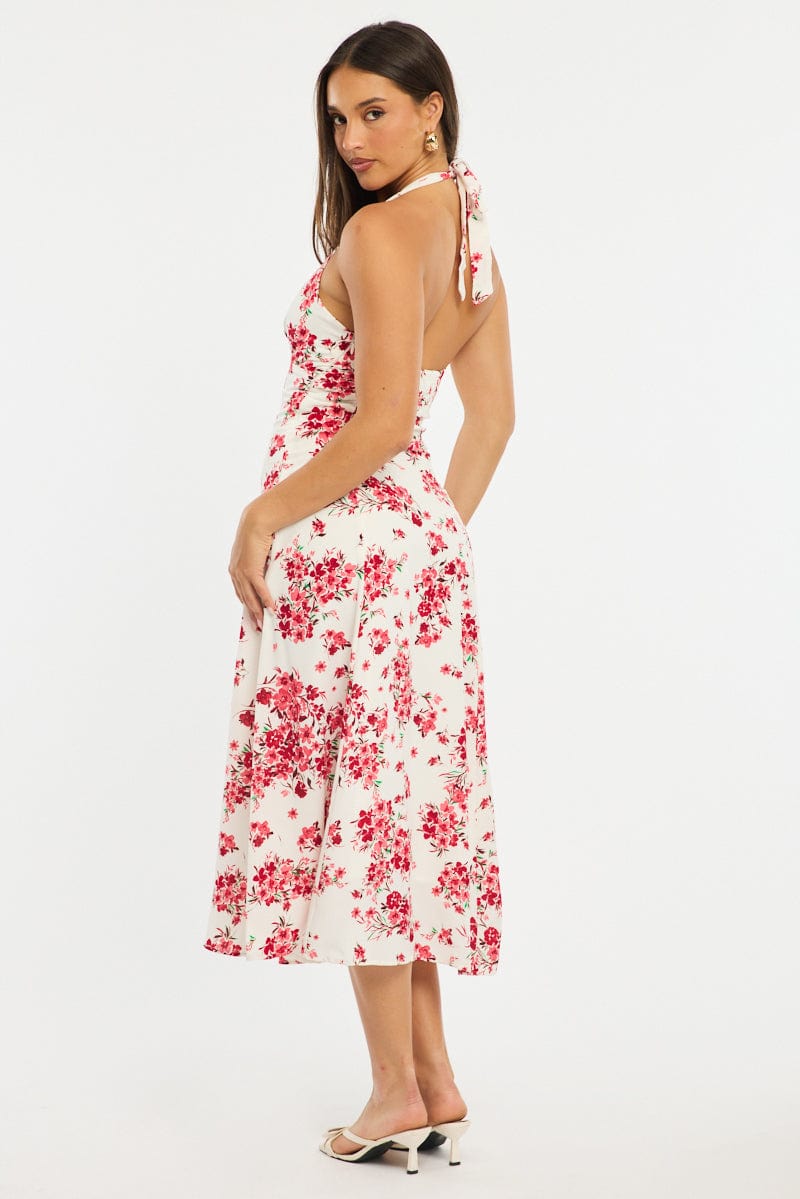 Red Floral Halter Neck Midi Dress for Ally Fashion