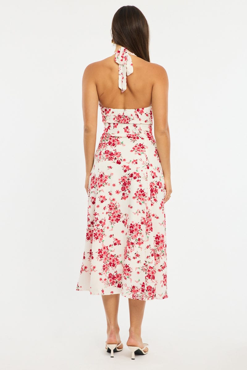 Red Floral Halter Neck Midi Dress for Ally Fashion