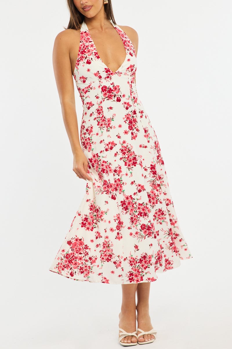 Red Floral Halter Neck Midi Dress for Ally Fashion
